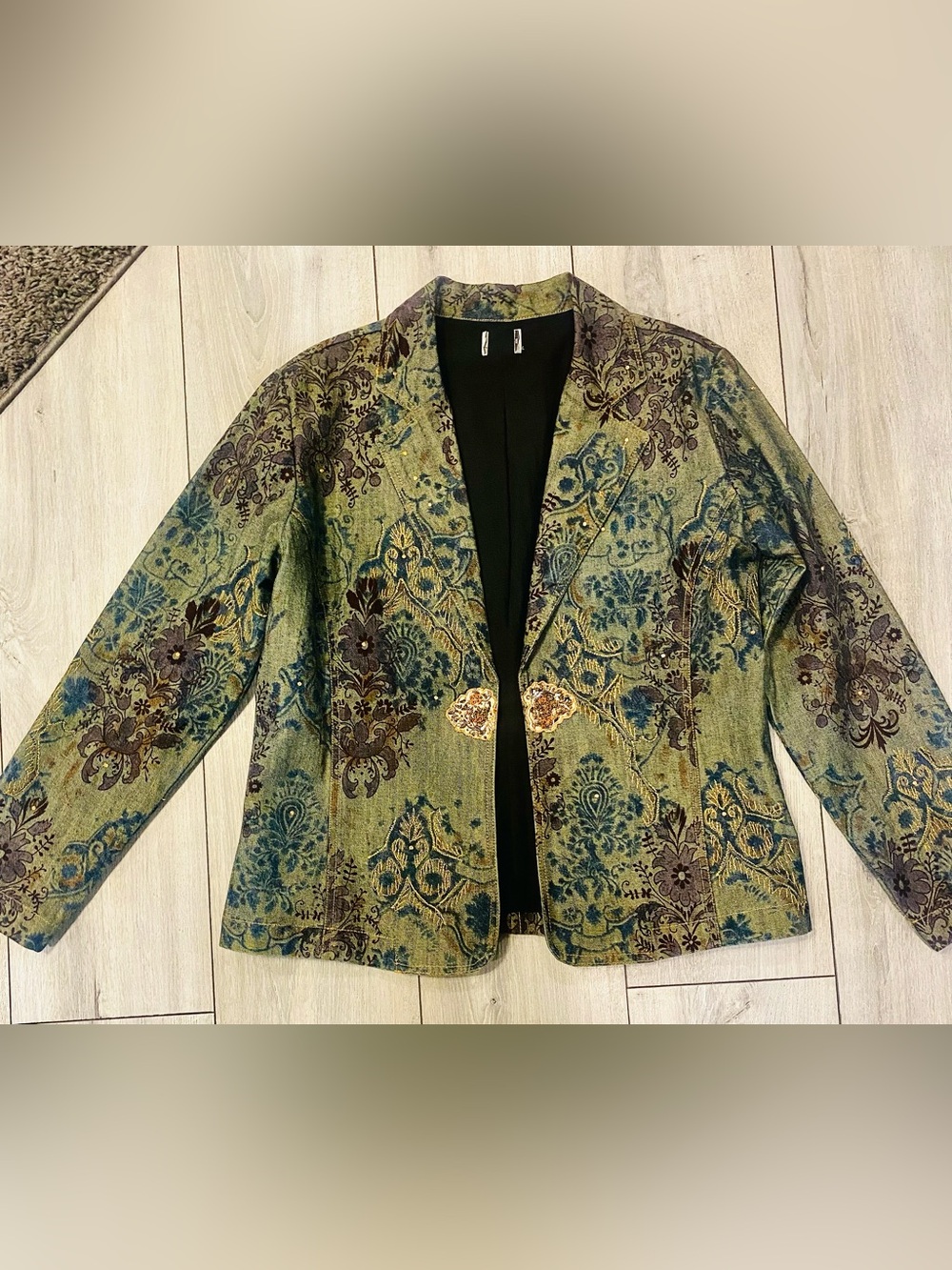 Embellished Dark Green Denim Brocade Painted Women's Blazer Size L